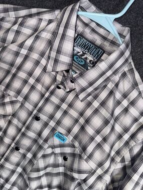 Dixxon Flannel Co Vagabond Bamboo Short Sleeve Plaid Shirt Mens Large Black Grey